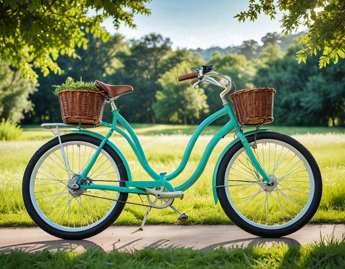 A stylish eco-friendly bike set against a vibrant green landscape, adorned with essential accessories like a woven basket, solar-powered rear light, and a plant-themed water bottle. Include eco-friendly materials and textures in the bike's composition, surrounded by a sunny sky and lush trees to emphasize sustainability. Set in a cheerful, uplifting atmosphere. super-realistic. vibrant colors. natural background.