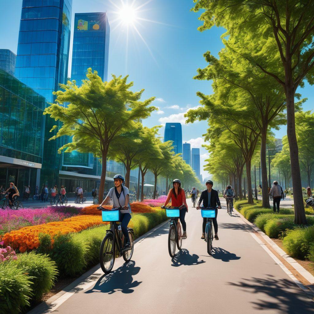 A dynamic cityscape showcasing a diverse group of people riding sleek e-bikes, surrounded by lush green parks and solar panels. Bright electric colors reflecting on the bikes, with futuristic buildings and transparent screens displaying eco-friendly messages in the background. Clear blue skies complementing the scene to emphasize a pollution-free environment. super-realistic. vibrant colors.