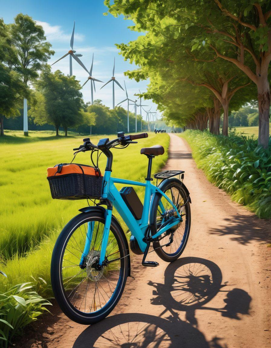 A sleek, modern electric bicycle parked on a path surrounded by lush greenery, with cyclists wearing stylish helmets and eco-friendly accessories in the background. The sky is bright and blue, emphasizing a sustainable lifestyle, with small icons of solar panels and wind turbines subtly integrated into the scene. The overall mood is energetic and inspiring, showcasing a future-forward commuting option. vibrant colors. super-realistic.
